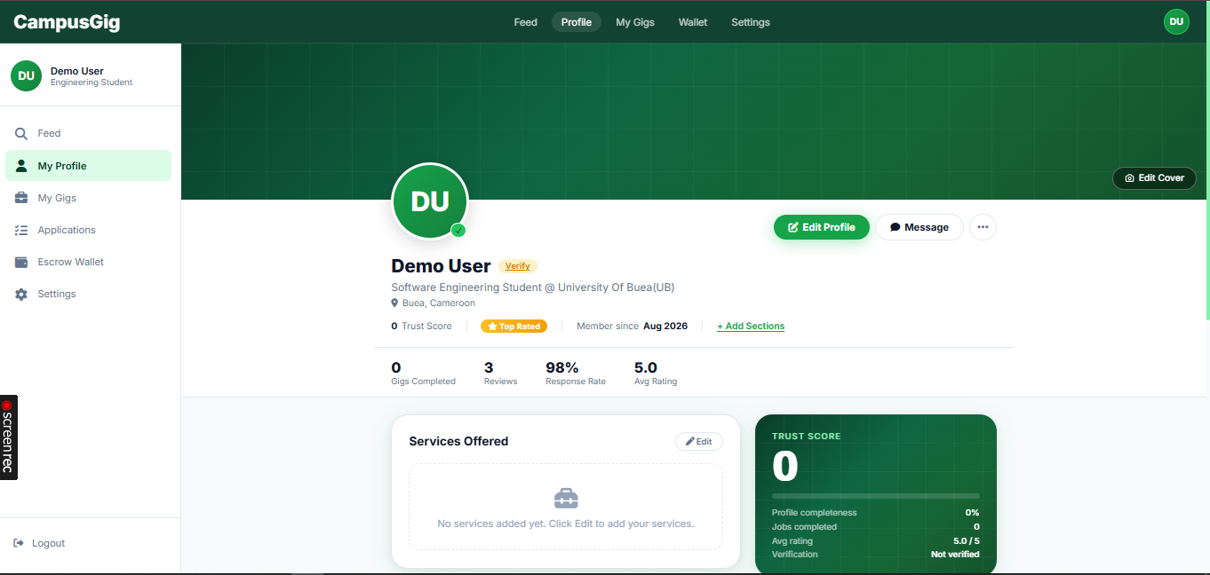 CampusGig prototype user profile using demo content